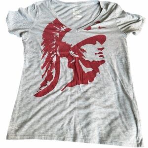 Nike Dri-FIT Graphic V-Neck T-Shirt | Gray & Red Face Print | Women’s XS